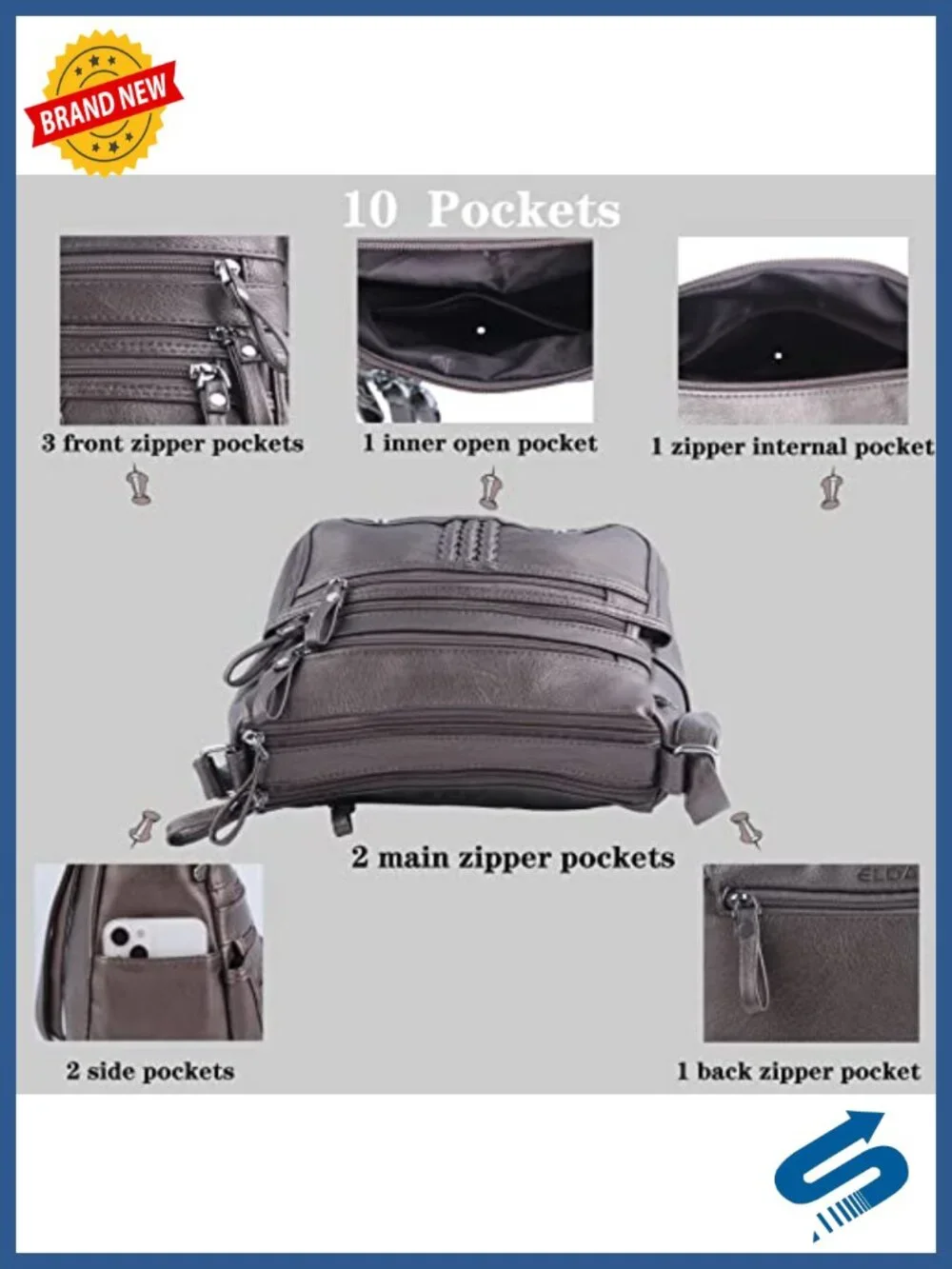10 Pocket Crossbody Satchel Handbag - Soft PU Leather Shoulder Bag